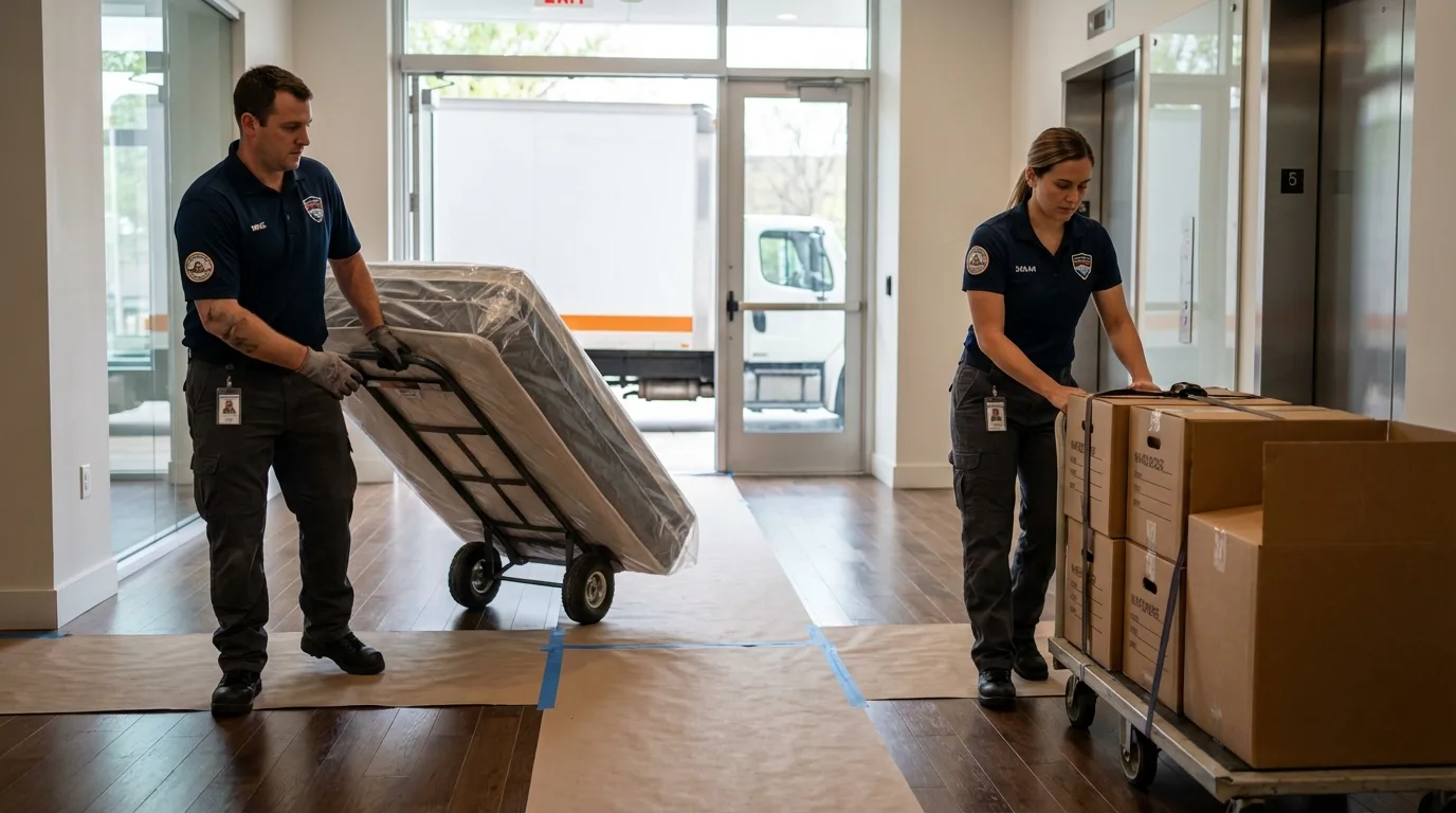 Professional apartment movers loading elevator in Cranberry Township, PA