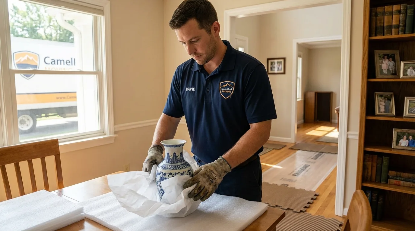 Professional crew carefully wrapping antique vase for senior downsizing move in Cranberry Township, PA